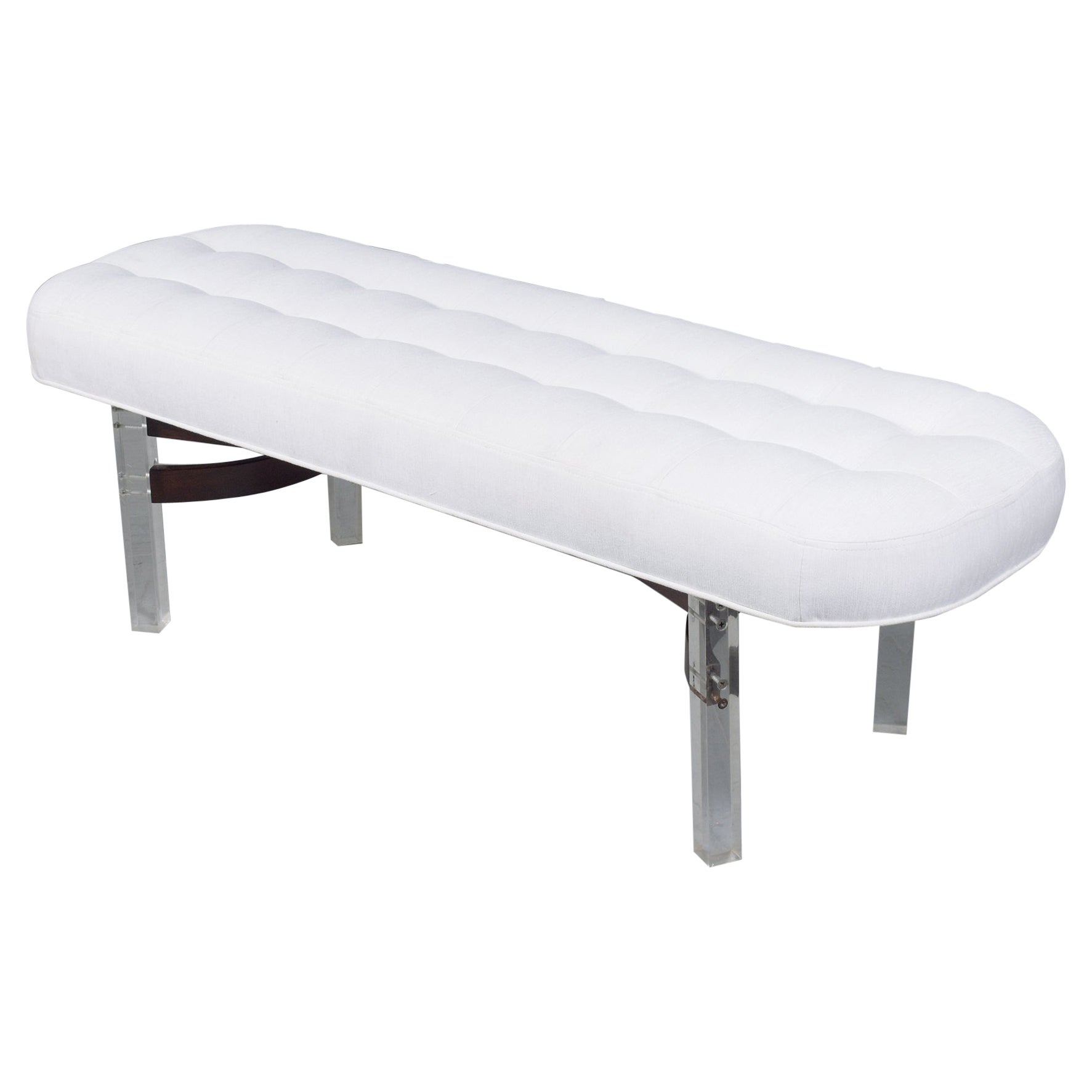 Restored Mid-Century Modern Rosewood & Lucite Bench with White Linen Upholstery