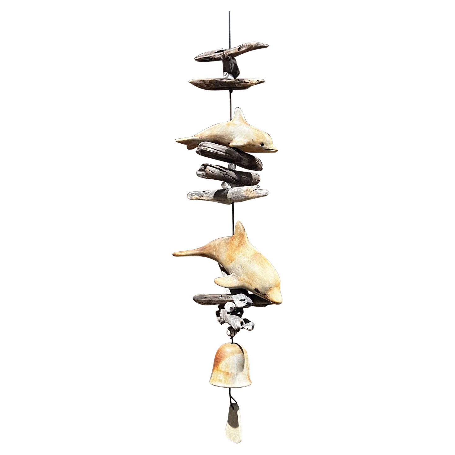 1989 Handcrafted Dolphin Art Pottery Wood Wind Chime Bell