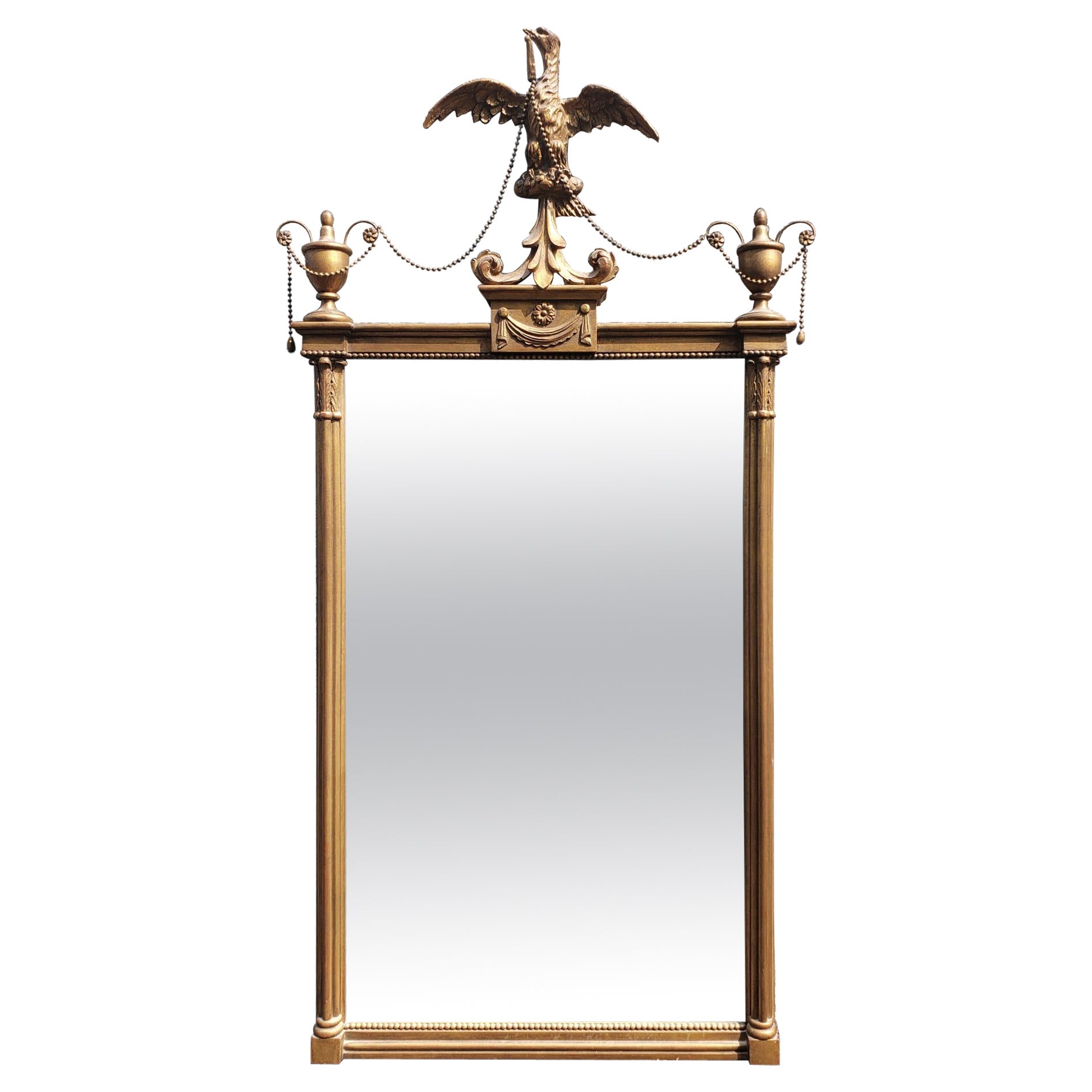 Early 20th Century Federal Style Gilt Decorated Eagle Pediment Frame Mirror For Sale