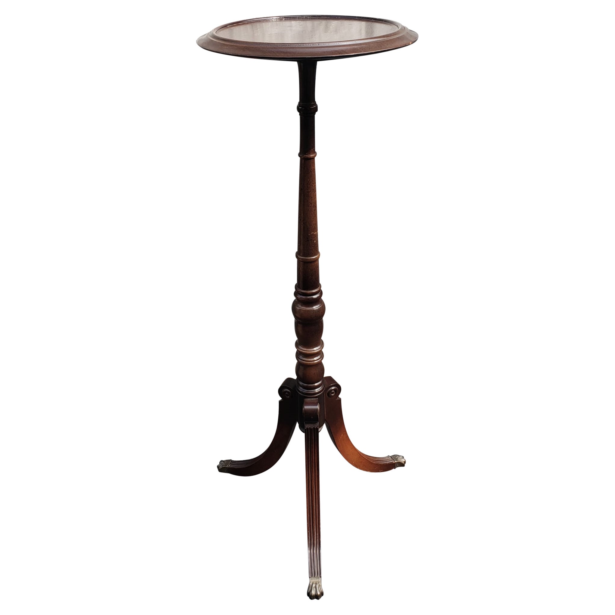 Early 20th Century Georgian Mahogany Tripod Pedestal Plant Stand Brass Paw Feet For Sale