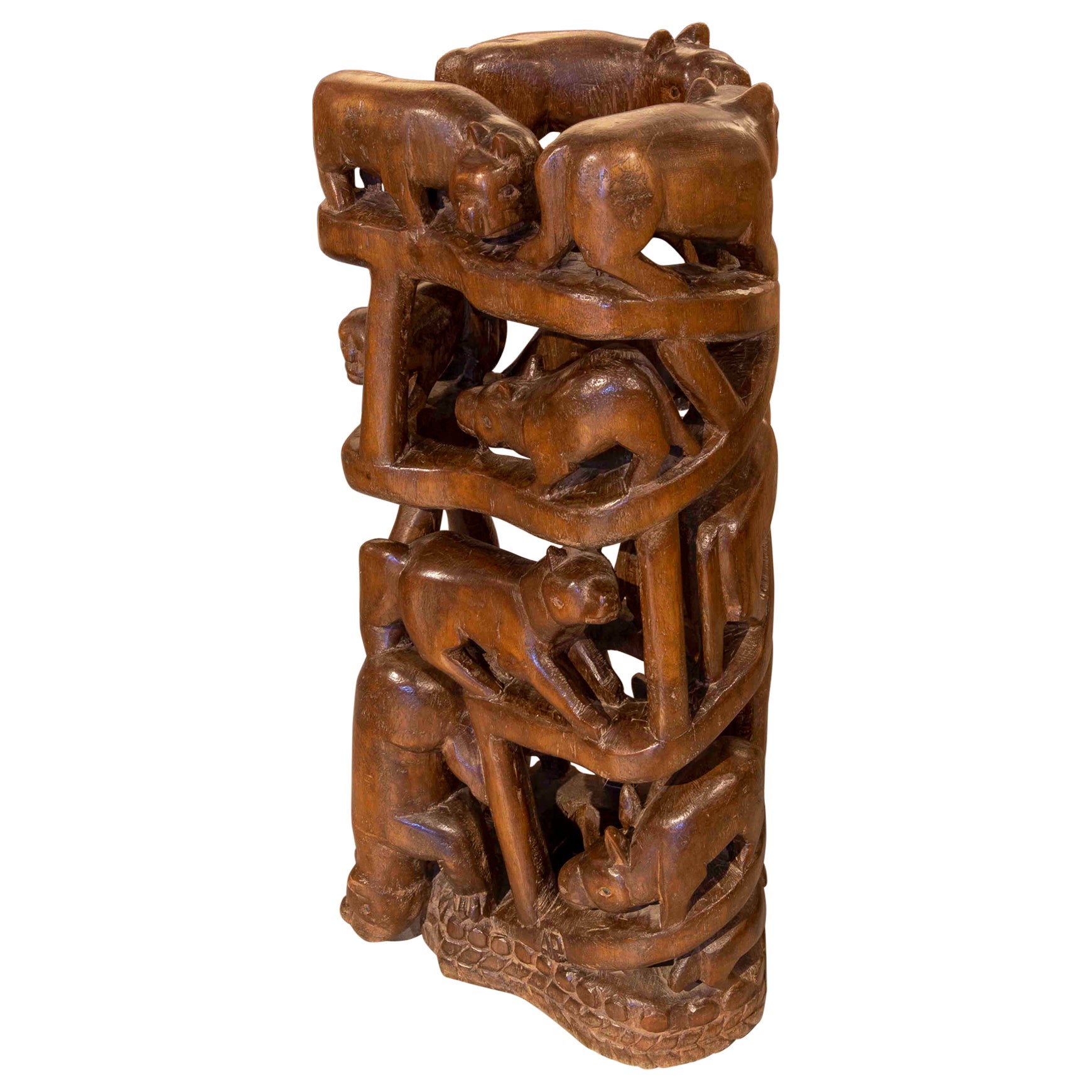 Wooden Column with Full-Body Carved Animals For Sale