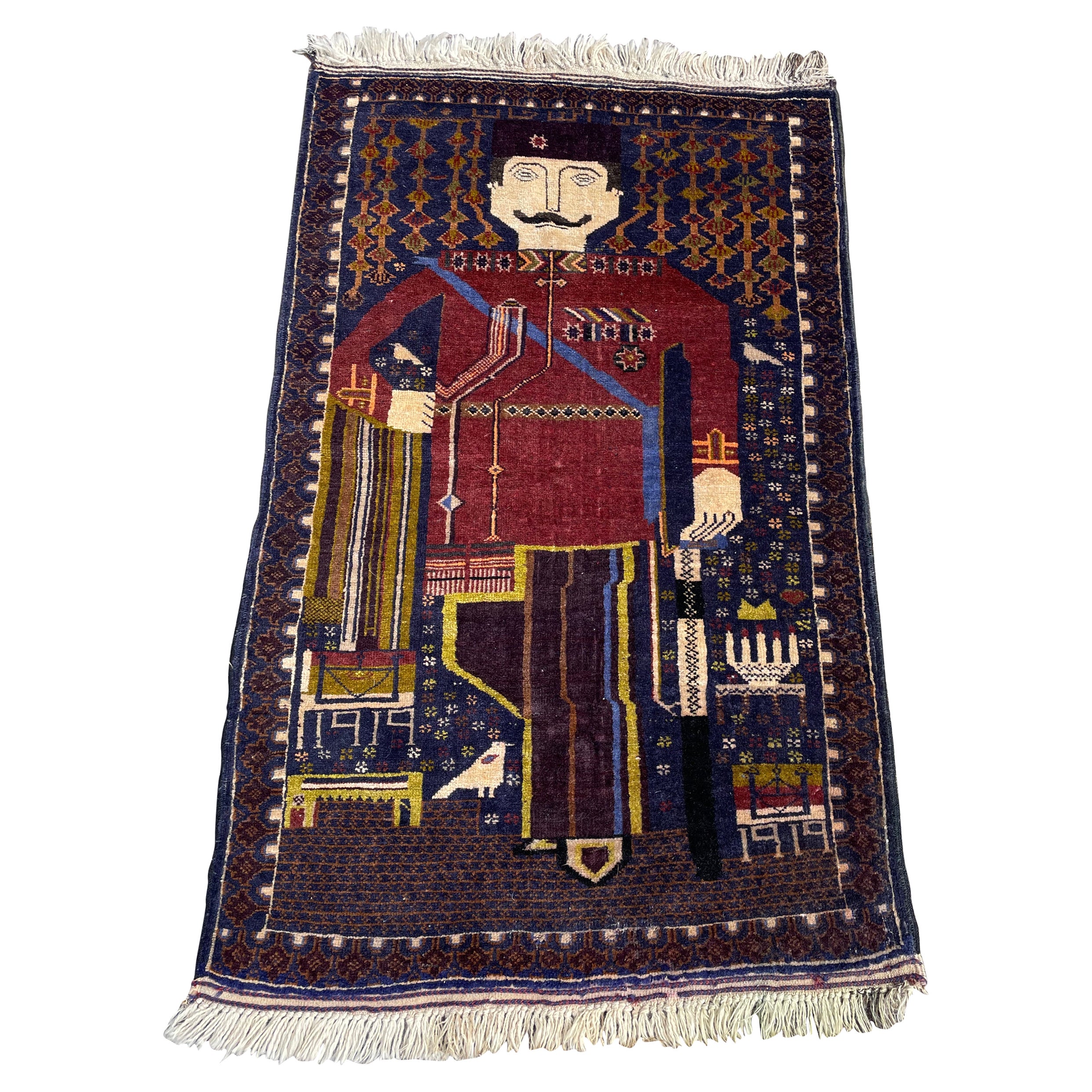 Rare Hand-Knotted War Rug Depicting Reign & King Amanullah Khan 1919 Afghanistan For Sale