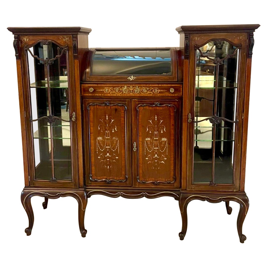 Unusual Large Antique Victorian Quality Mahogany Inlaid Display Cabinet  For Sale