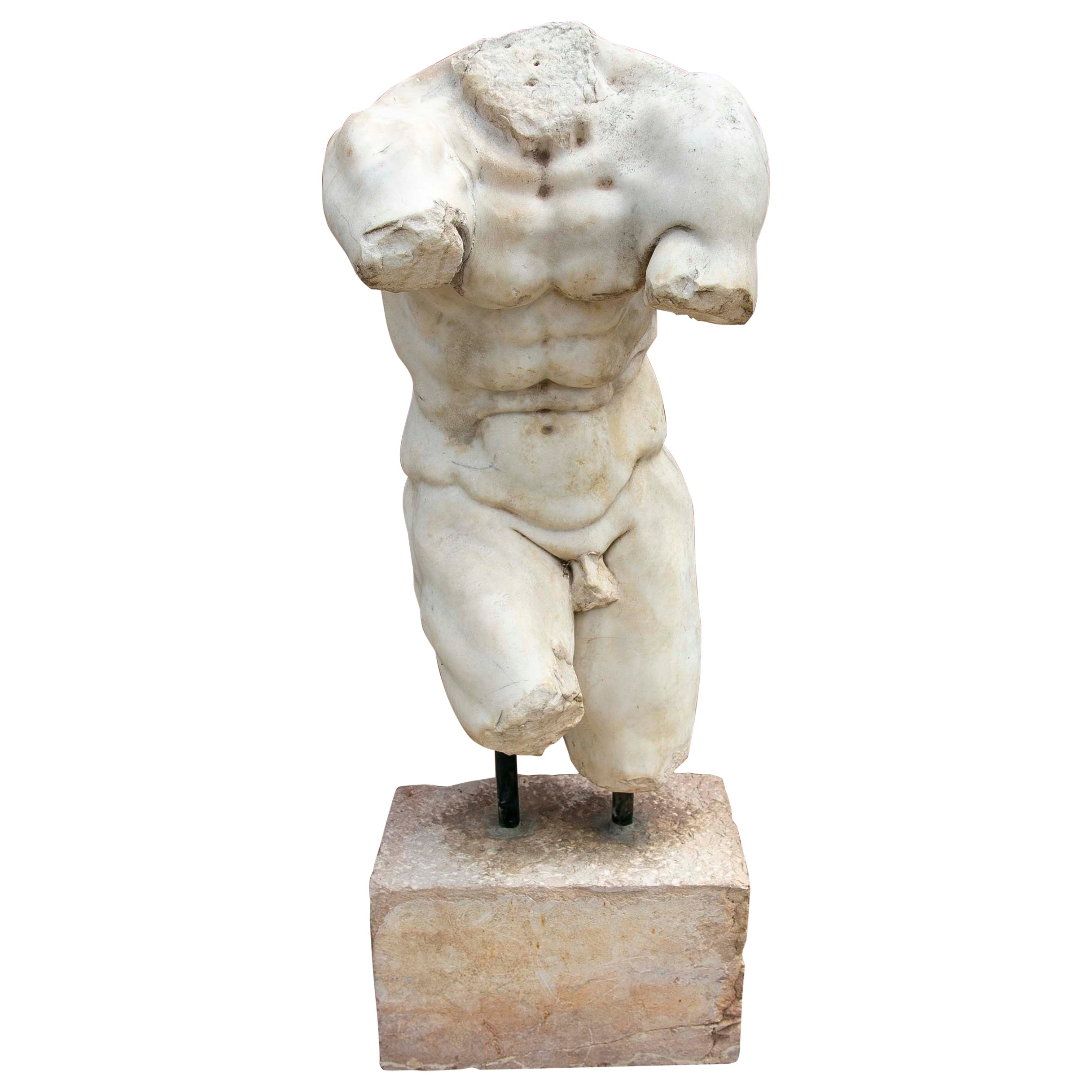 Greek Style Very Realistic Hand-Carved Torso of a Man on a Pedestal 