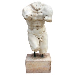 Greek Style Very Realistic Hand-Carved Torso of a Man on a Pedestal