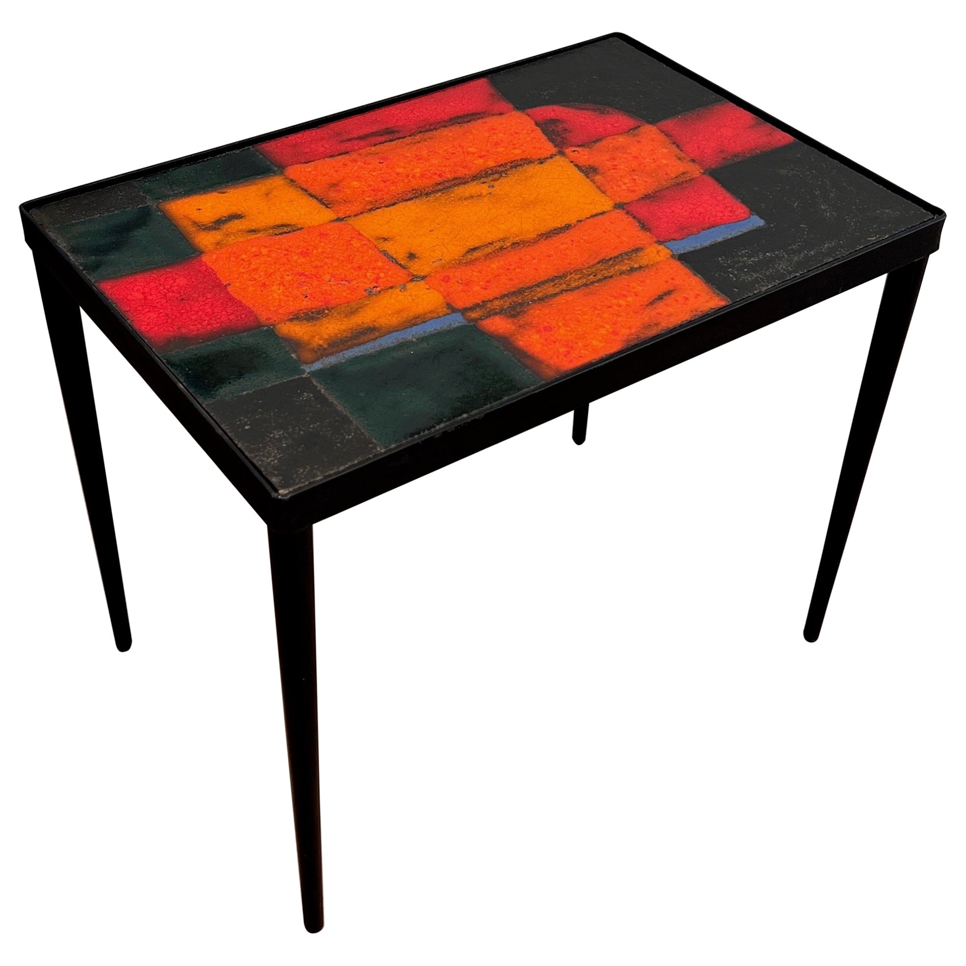 Small lacquered metal and ceramic side table. French work. Circa 1950