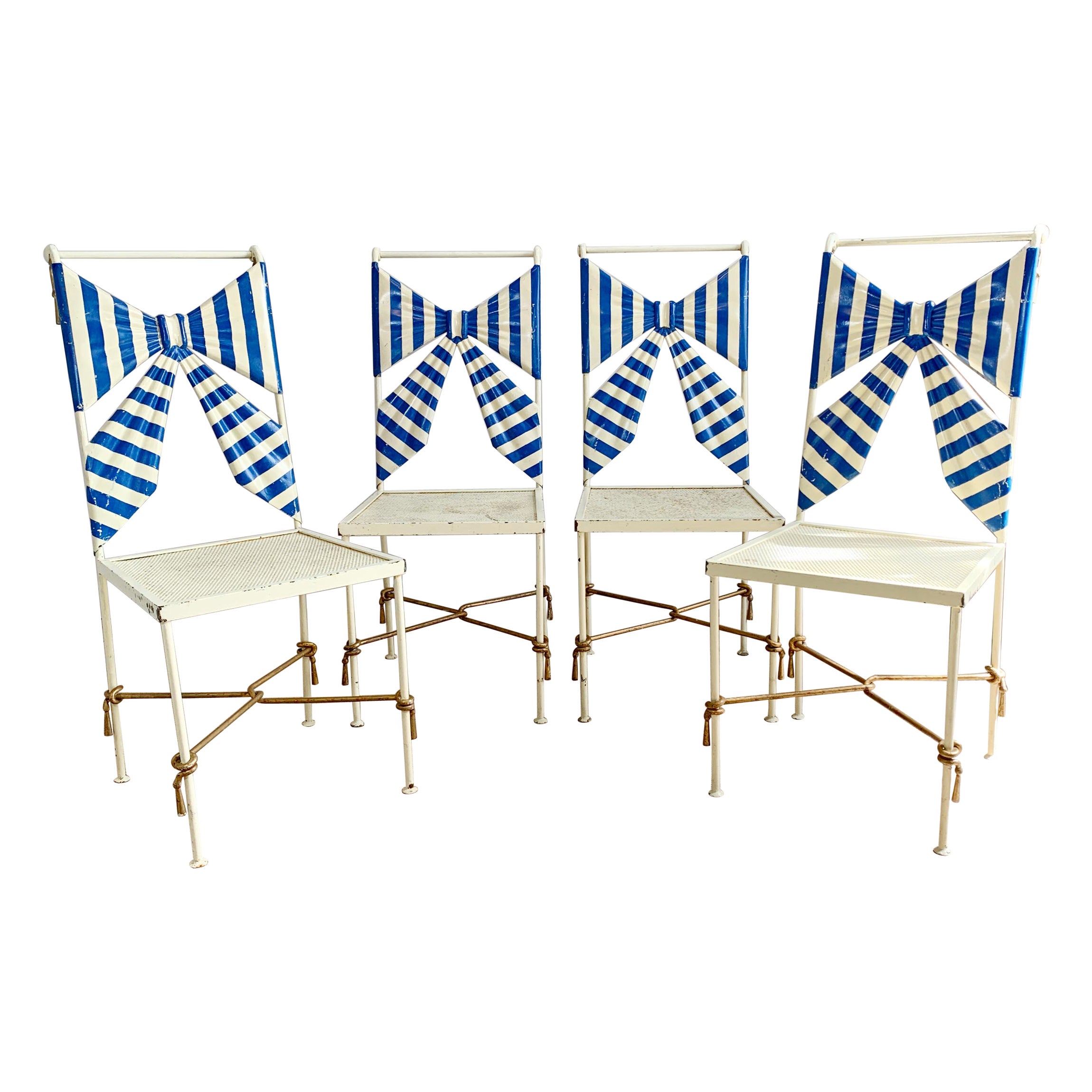 1950's Italian Blue and White Amalfi Tole Bow Chairs For Sale