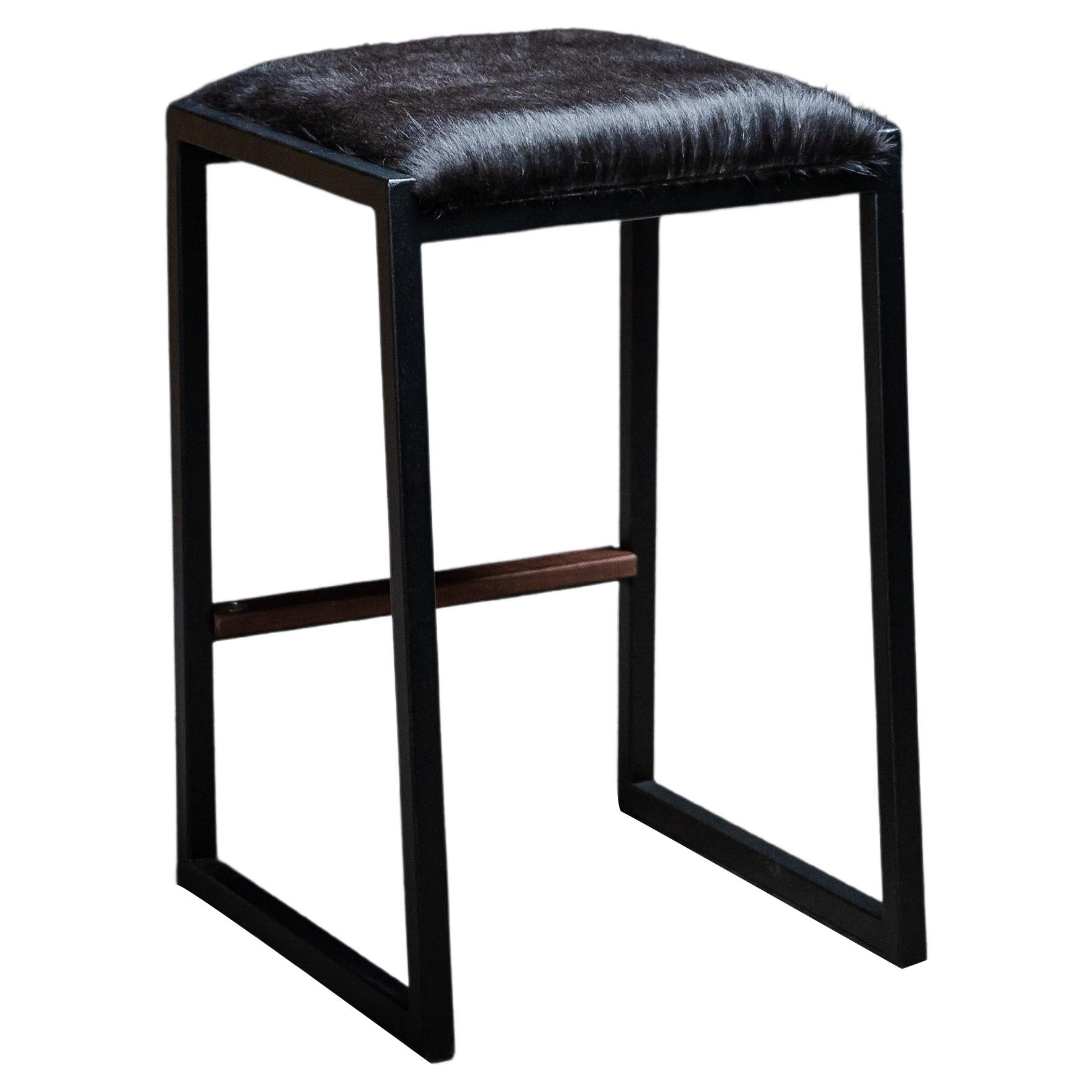 Shaker Modern Backless Counter Stool by AMBROZIA, Black Cowhide, Walnut & Metal For Sale