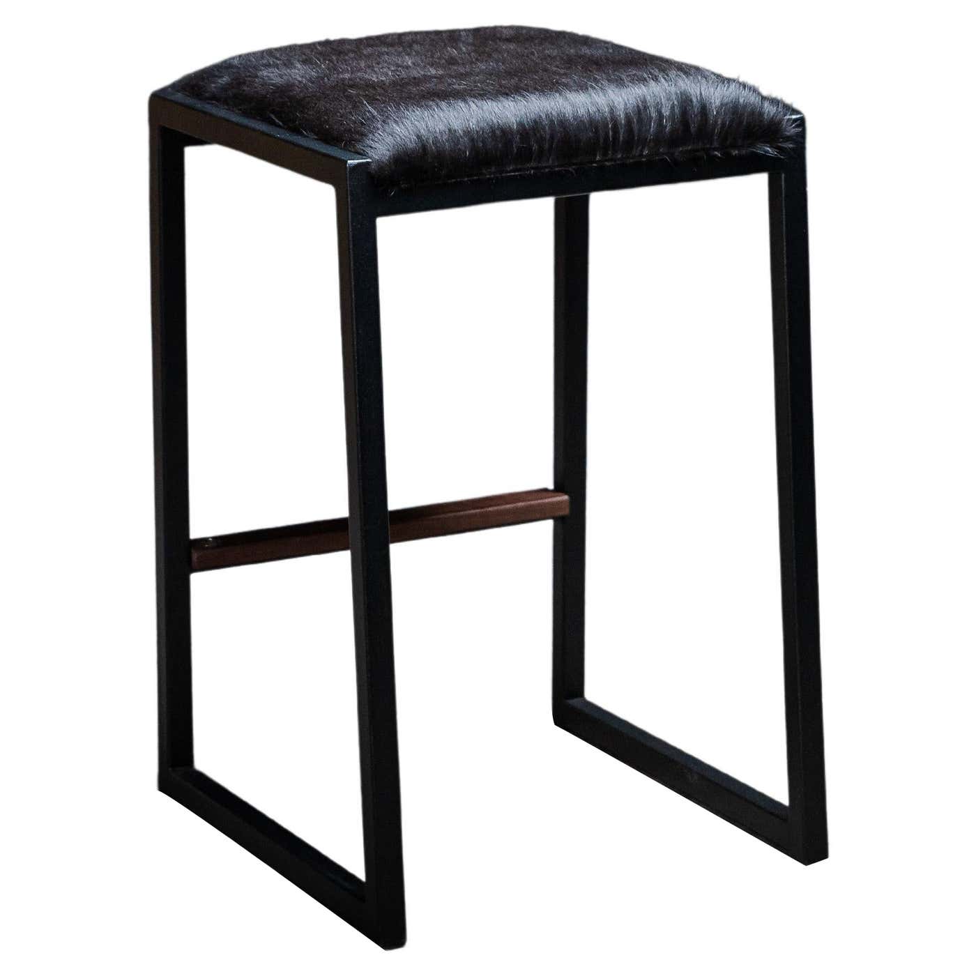 Shaker Modern Backless Stool by AMBROZIA, Black Cowhide, Walnut and ...