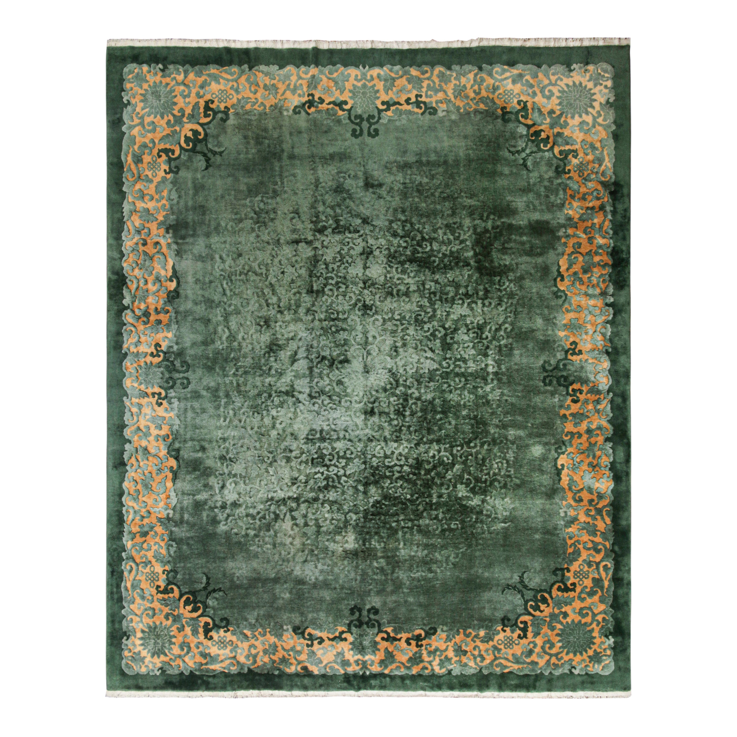 Antique Chinese Art Deco rug in Green Open Field & Gold Border, from Rug & Kilim