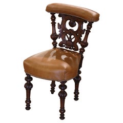 19th Century French Napoleon III Carved Oak and Leather Smoking Chair 