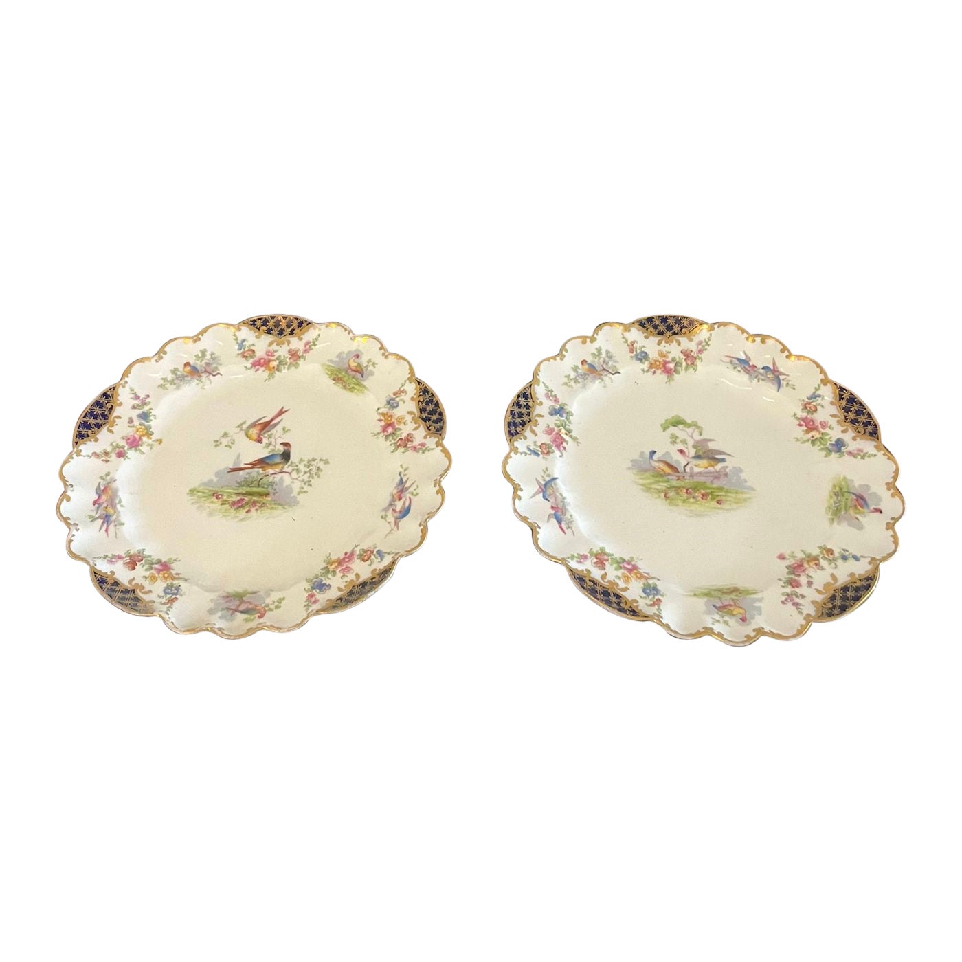  Quality Pair of Antique Hand Painted Crescent China Plates For Sale