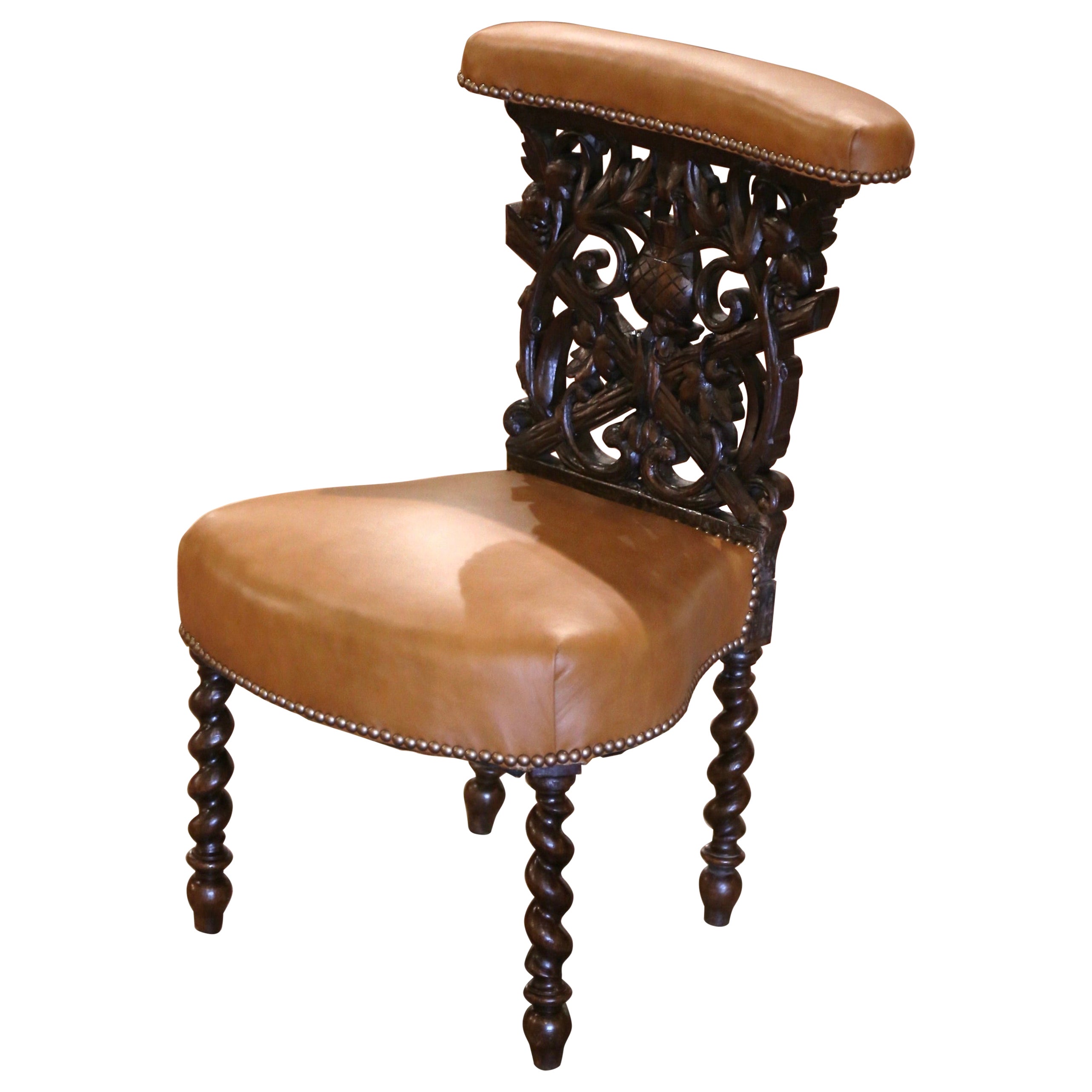 19th Century French Napoleon III Carved Oak and Leather Smoking Chair