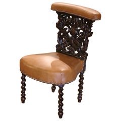 19th Century French Napoleon III Carved Oak and Leather Smoking Chair 