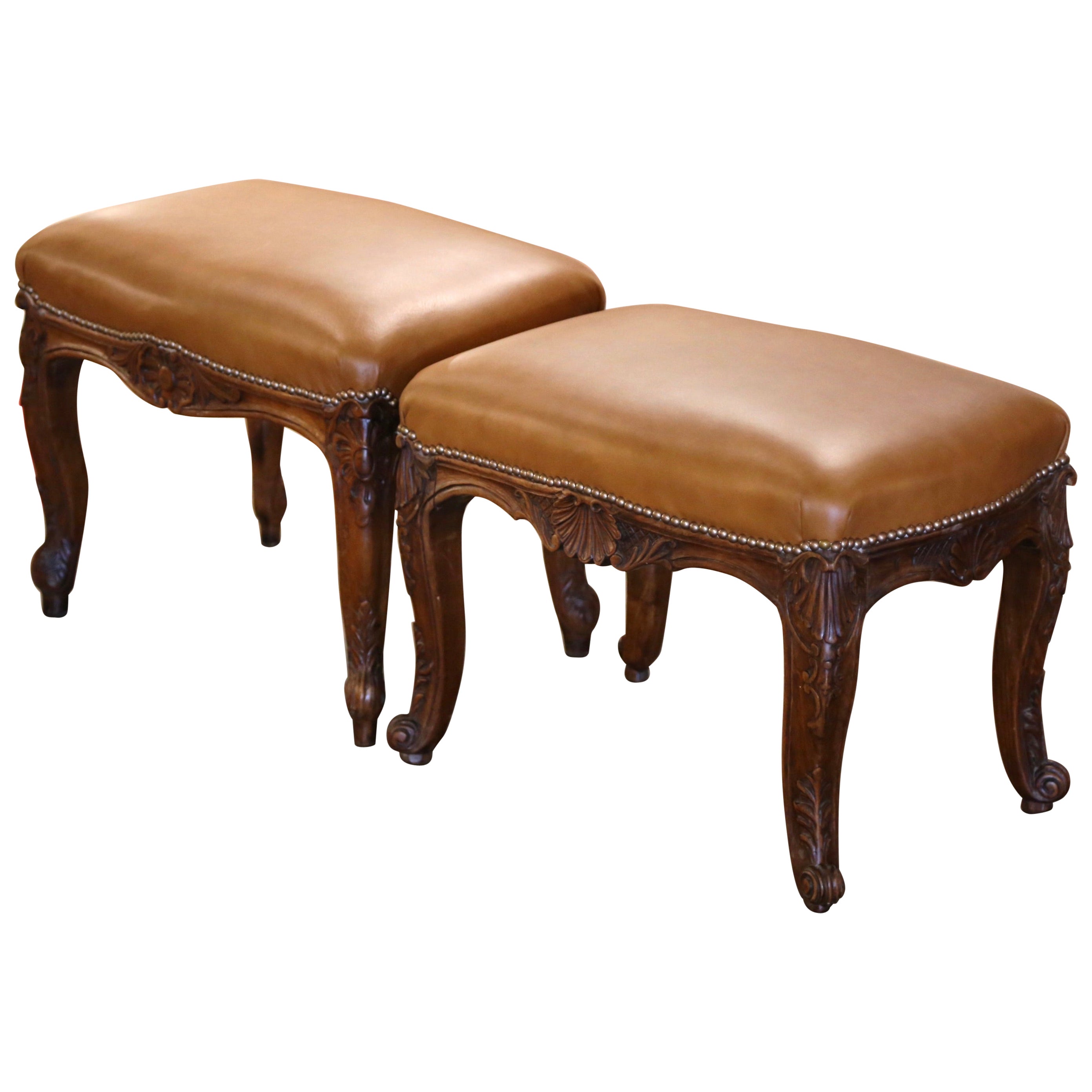 Pair of 19th Century French Louis XV Carved Walnut and Leather Bench Stools For Sale