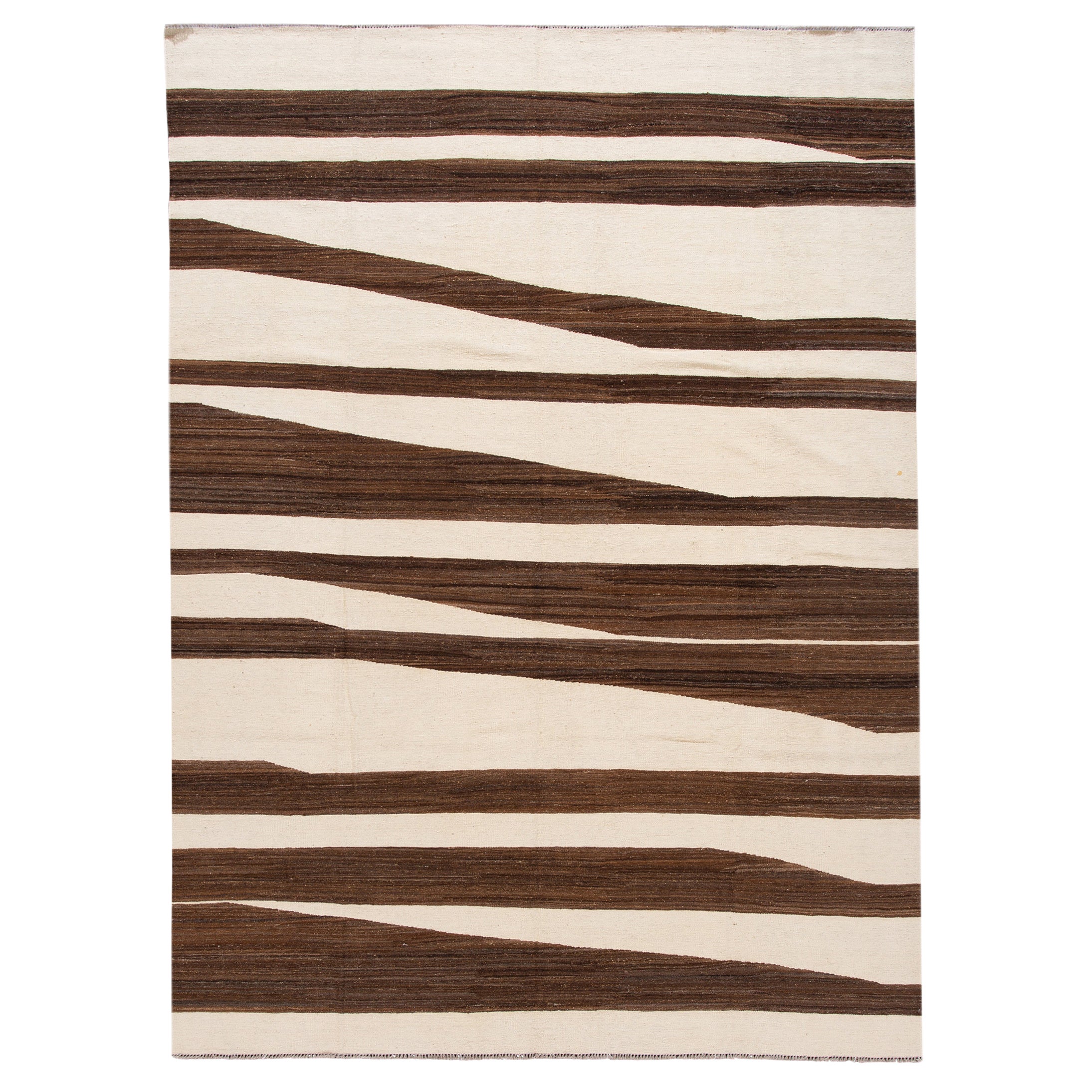 Modern Kilim Flatweave Wool Rug with Brown And Beige Design