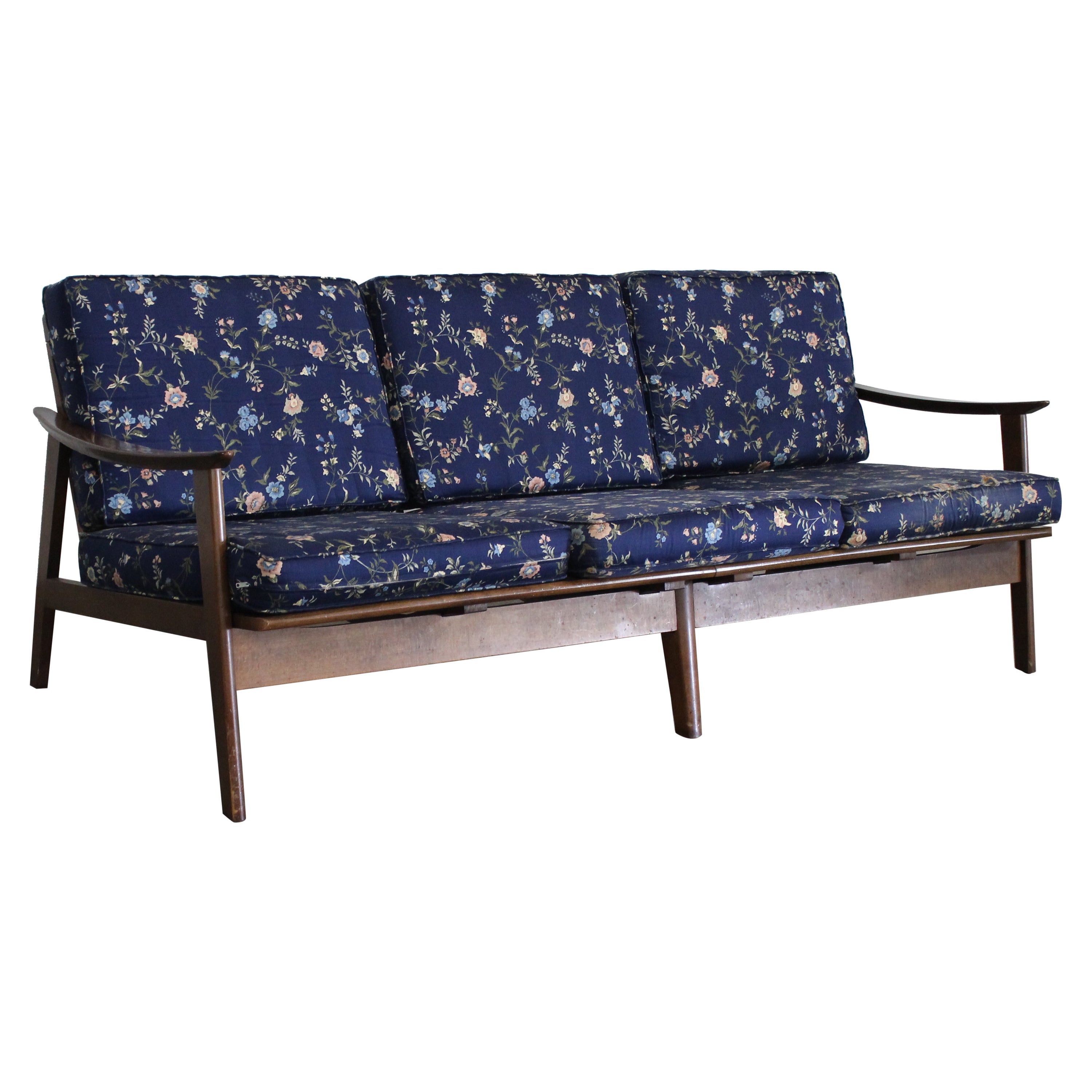 Mid-Century Modern 3 Cushion Open Arm Walnut Sofa For Sale