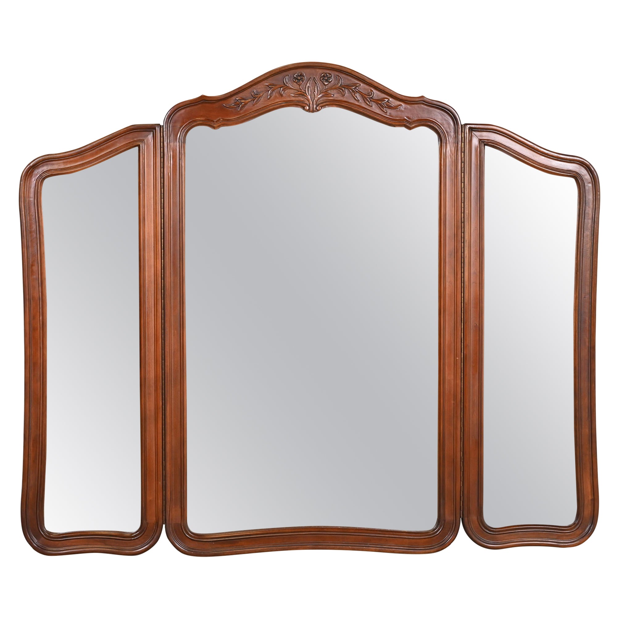 White Furniture French Provincial Louis XV Carved Cherry Wood Triple Mirror For Sale