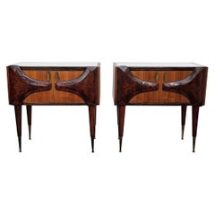 Vintage Pair of Midcentury Italian Art Deco Nightstands Bedside Tables Walnut Glass Top