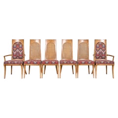 Karges Hollywood Regency Burl Wood, Cane, and Upholstered Dining Chairs, Six