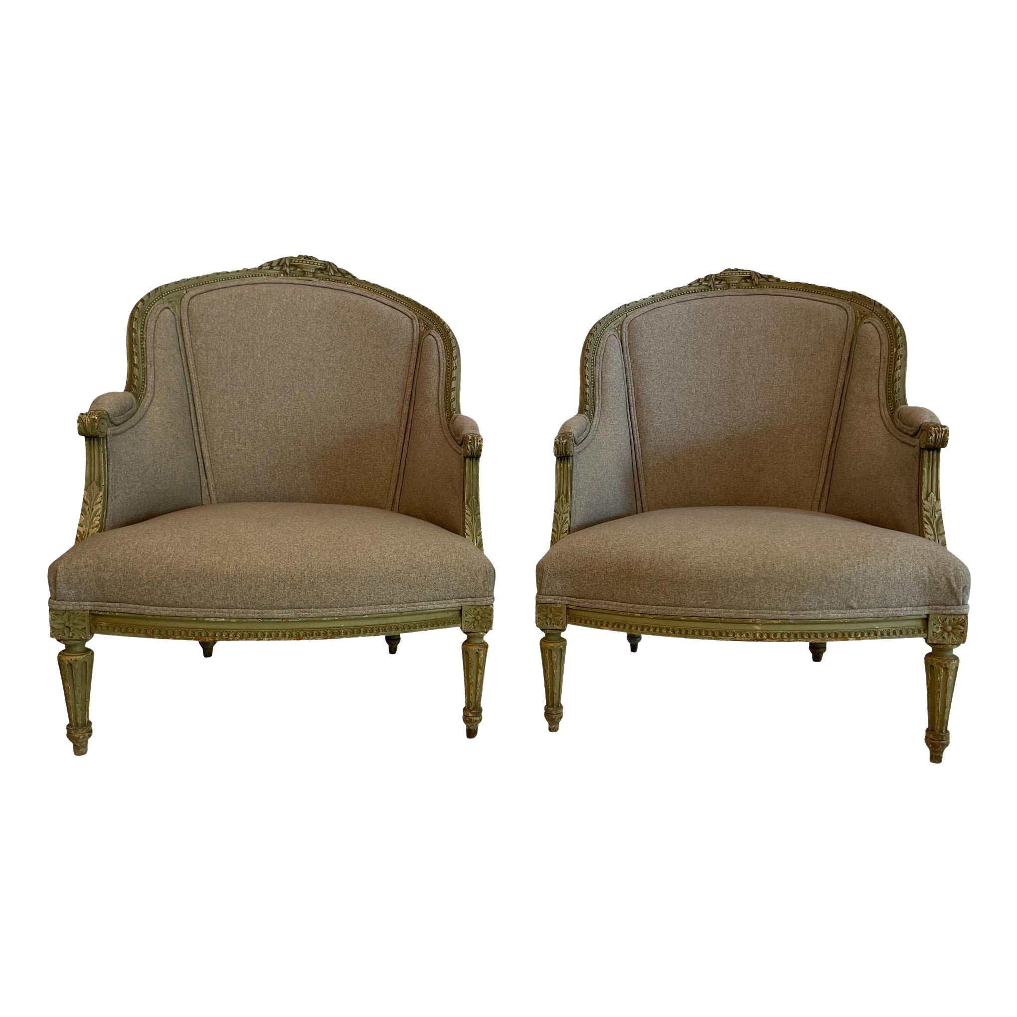 Pair of Louis XVI Painted Fireside Chairs  in Grey Upholstery with Flower Detail For Sale