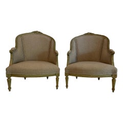 Pair of Louis XVI Painted Fireside Chairs  in Grey Upholstery with Flower Detail