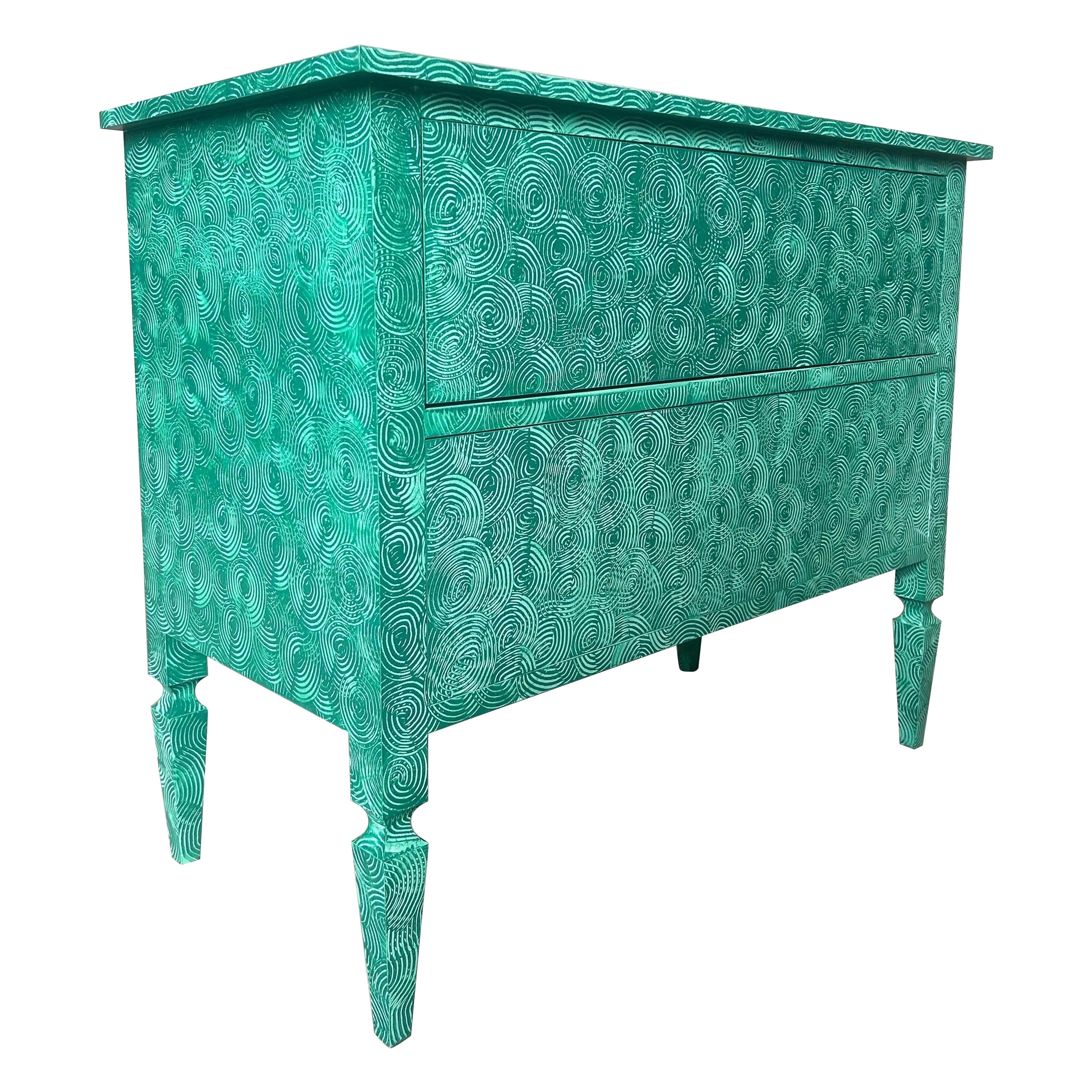 Delia chest by the fabulous things in hand painted absolute green swirl  For Sale