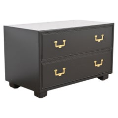 Retro Henredon Hollywood Regency Black Lacquered Campaign Chest of Drawers, Refinished