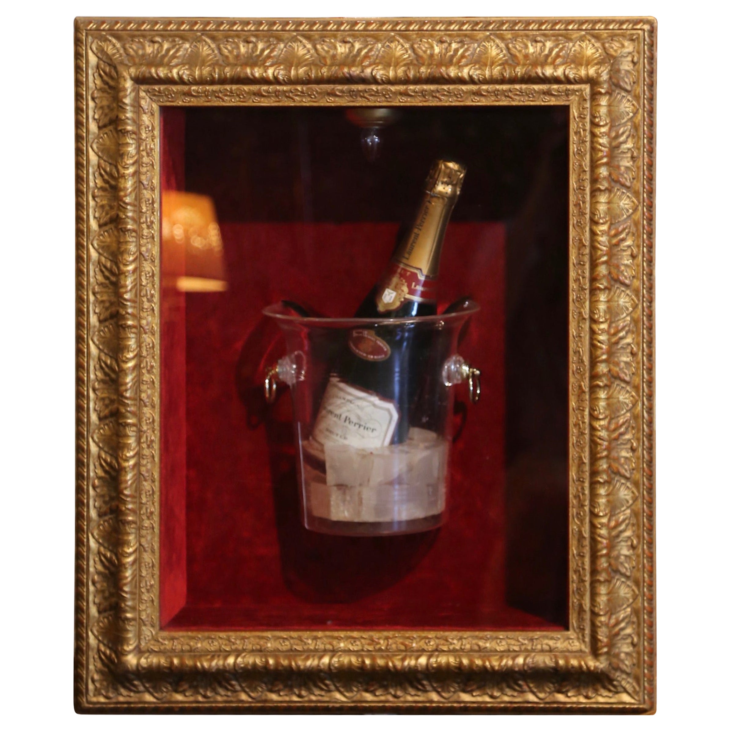 Laurent-Perrier Bottle in Ice Bucket Wall Display Case in Light Up Gilt Frame  For Sale