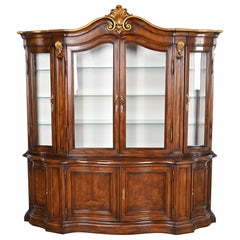 Karges French Louis XV Burled Walnut Lighted Breakfront Bookcase Cabinet