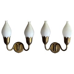 Fog & Mørup "Tulip" Wall Light Lamps in Brass and Milk Glass, Denmark, 1950s