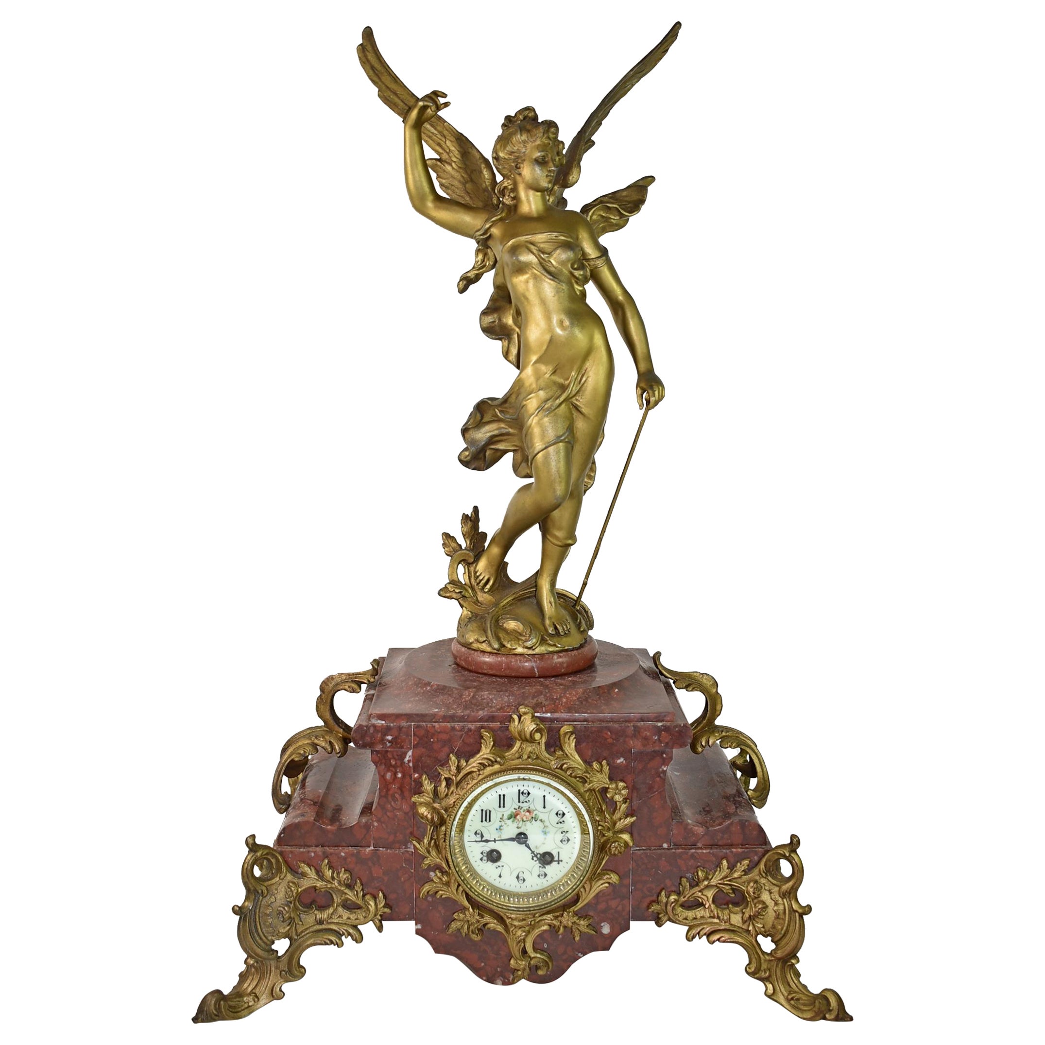 French Marble Figural Mantle Clock, Signed Hip Moreau For Sale
