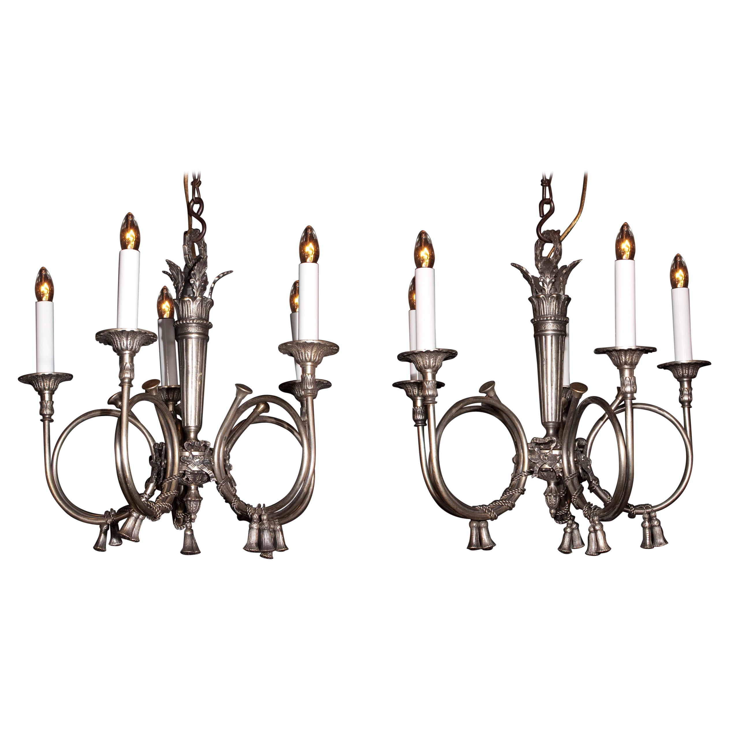 French Louis XVI French Horn Chandeliers with Silvered Brass, Pair Available