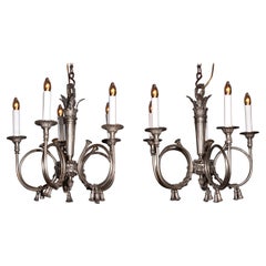 Antique French Louis XVI French Horn Chandeliers with Silvered Brass, Pair Available