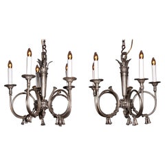 French Louis XVI French Horn Chandeliers with Silvered Brass, Pair Available