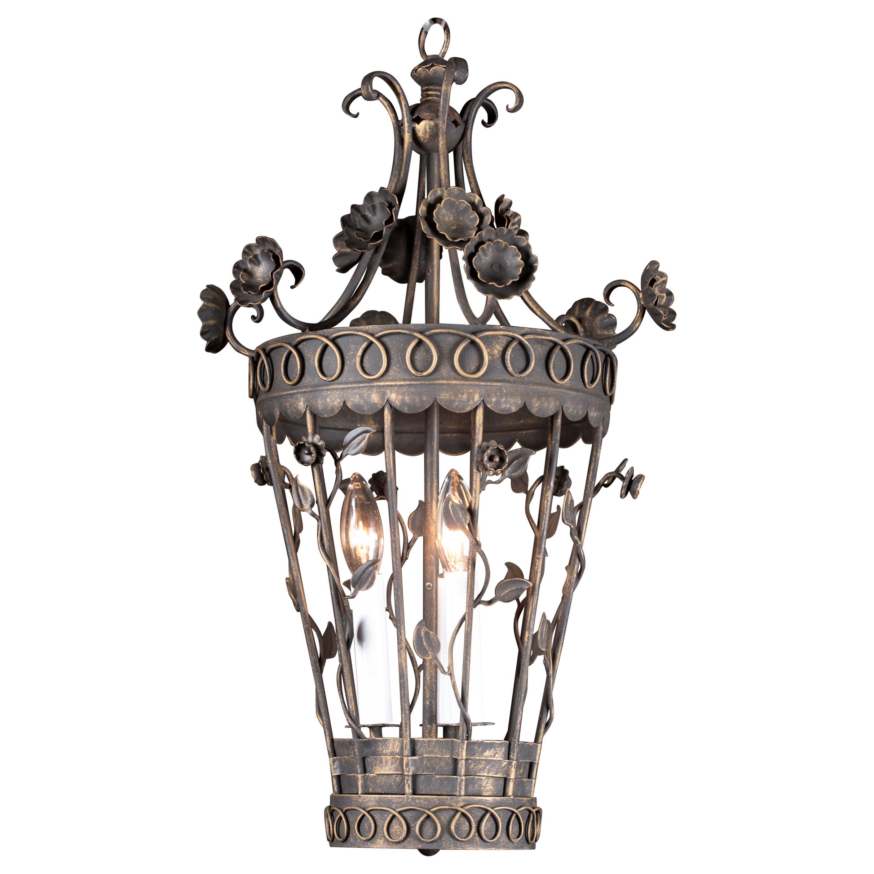 French 20th Century Patinated Iron Lantern with Floral Motif For Sale