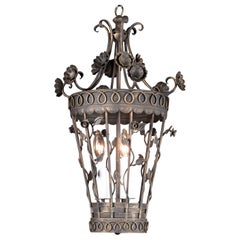 Vintage French 20th Century Patinated Iron Lantern with Floral Motif