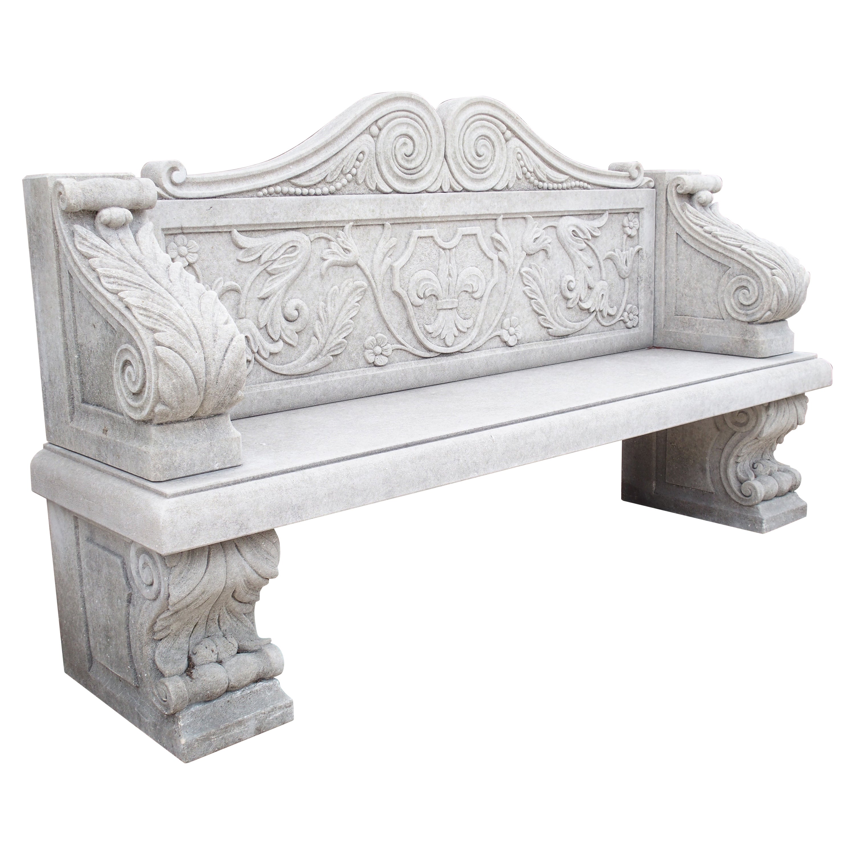 Carved Italian Limestone Garden Bench with Fleur De Lys and Acanthus Decoration For Sale