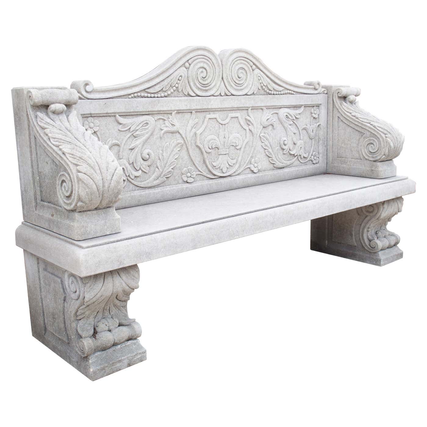 Carved Italian Limestone Garden Bench with Fleur De Lys and Acanthus ...