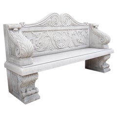 Carved Italian Limestone Garden Bench with Fleur De Lys and Acanthus Decoration