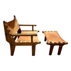 Mid-Century Modern-Loungesessel und Ottomane aus Holz und Leder von Angel Pazmino, 1960er Jahre