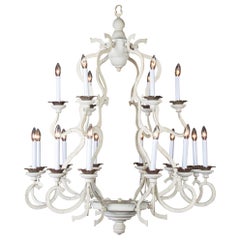 Retro White Italian Chandelier made of Carved Wood and Painted Iron, Mid-20th Century