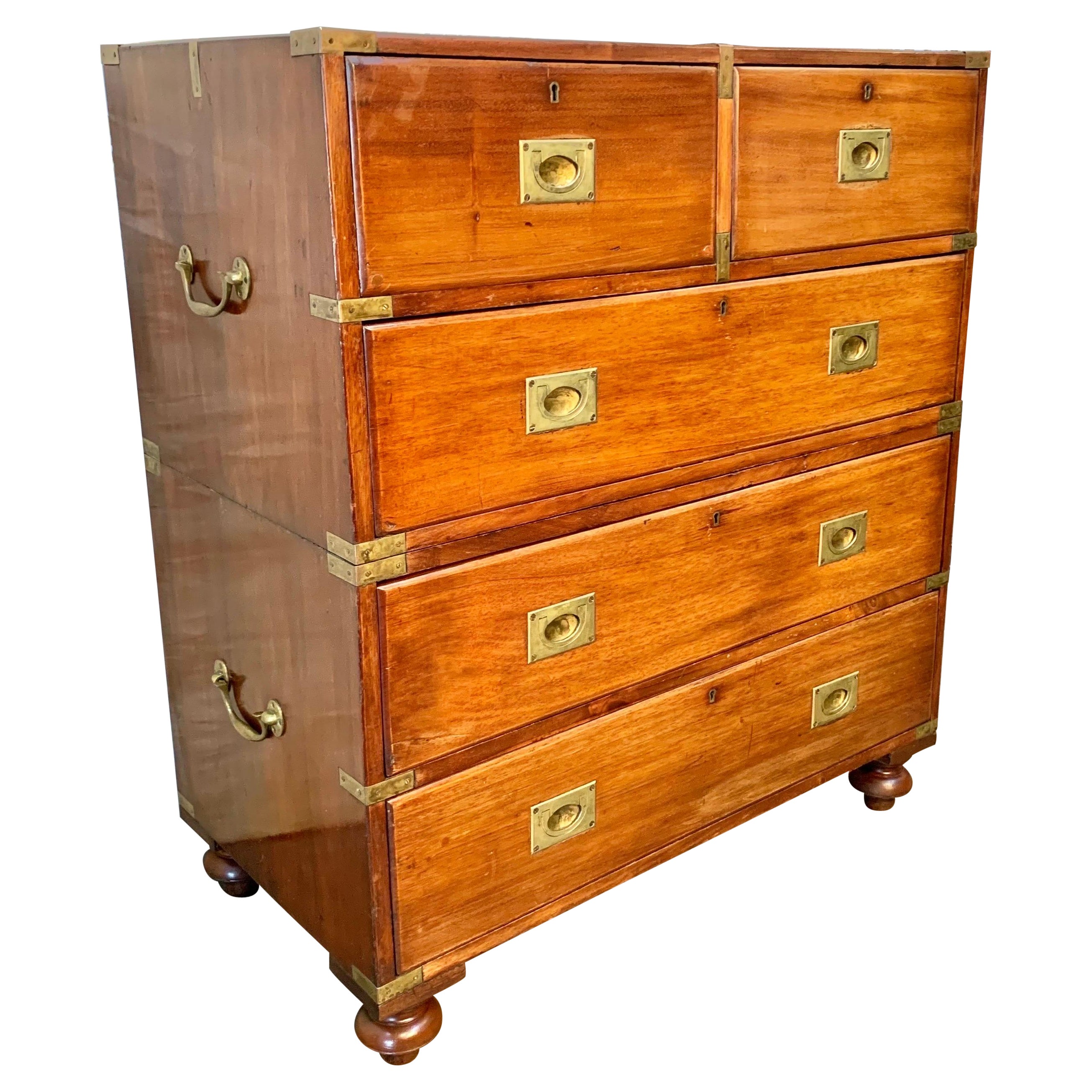  English 19th Century Mahogany Campaign Chest of Drawers. For Sale