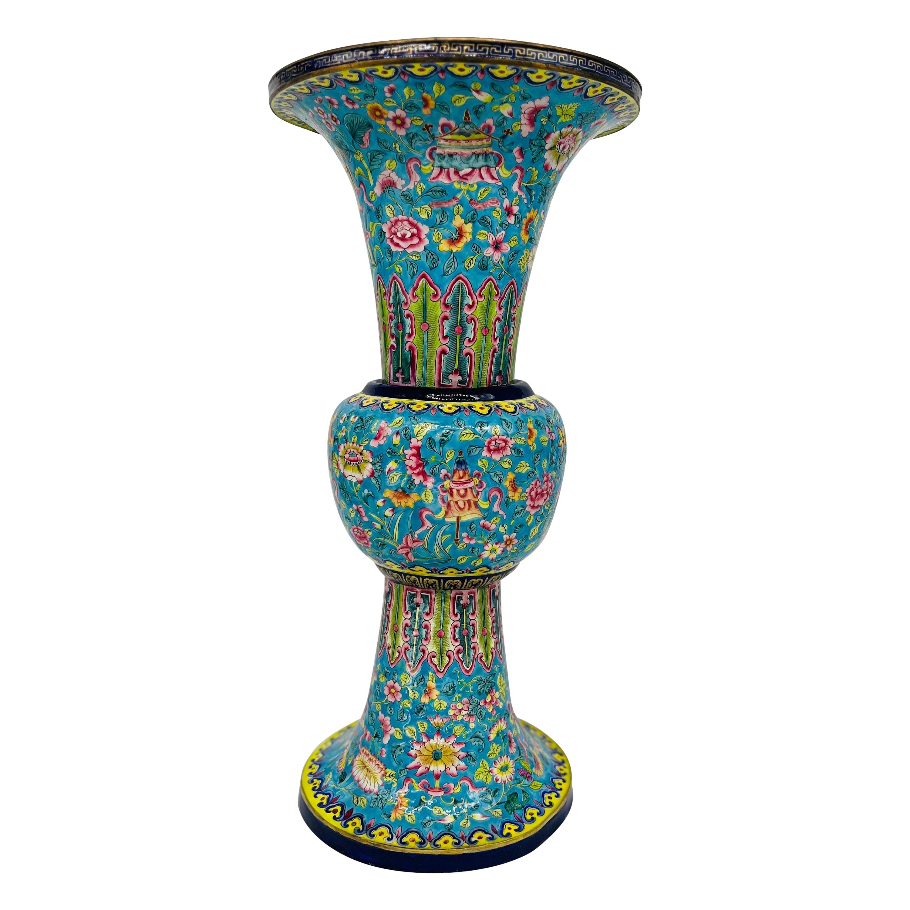 Fine Quality Chinese Export Enamel on Copper Gu Form Vase