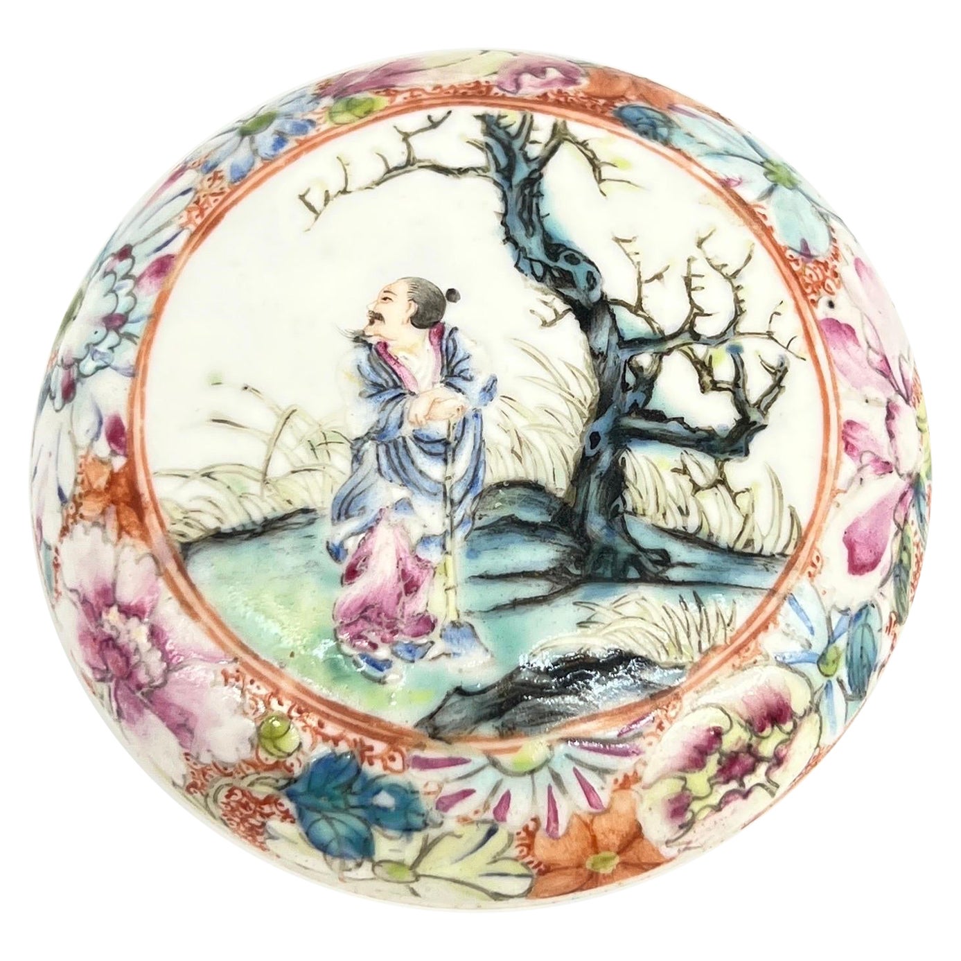Antikes chinesisches Famille-Rose-Porzellan-Pudergefäß mit Deckel - Qianlong-Marke im Angebot