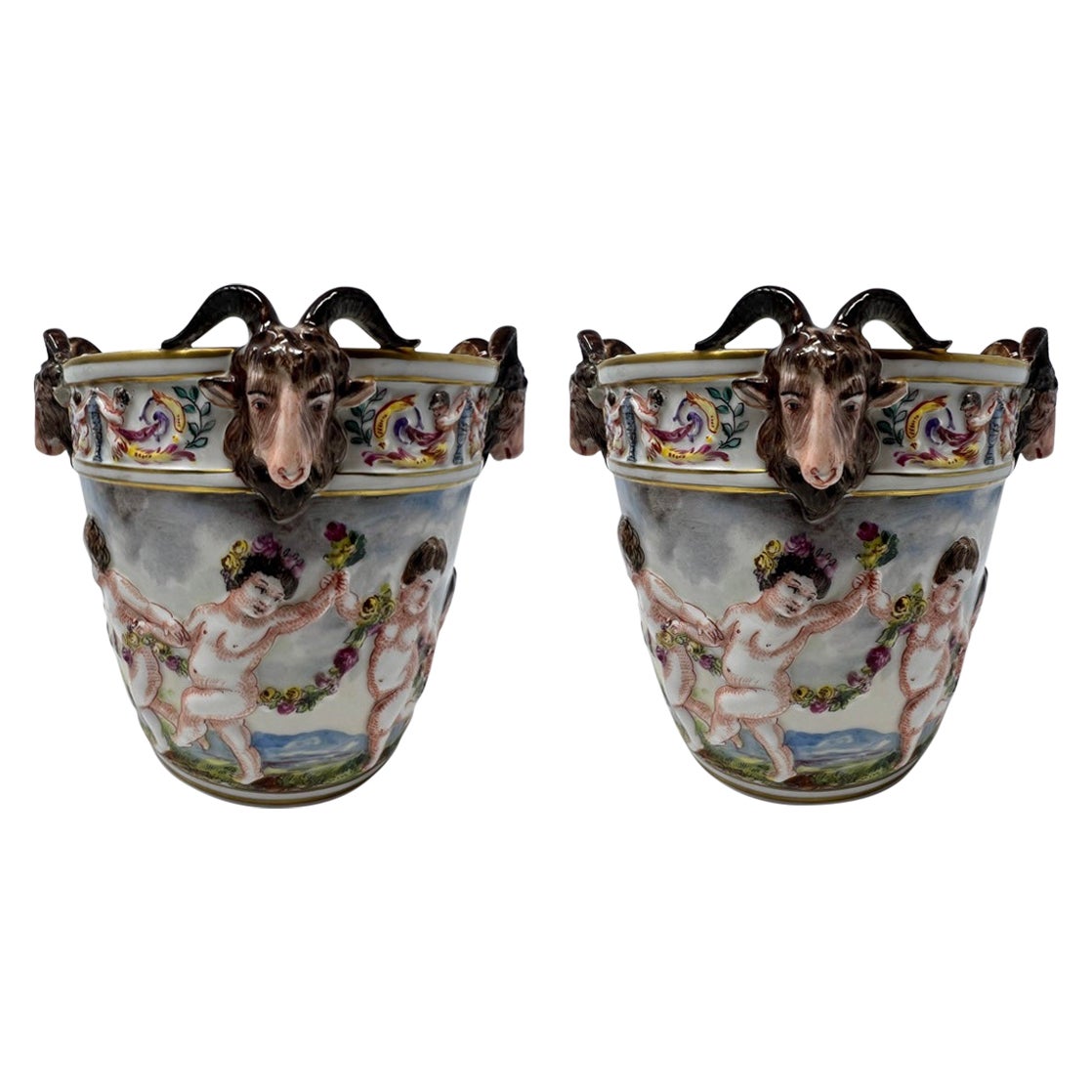 Pair Antique Capodimonte Cache Pots For Sale