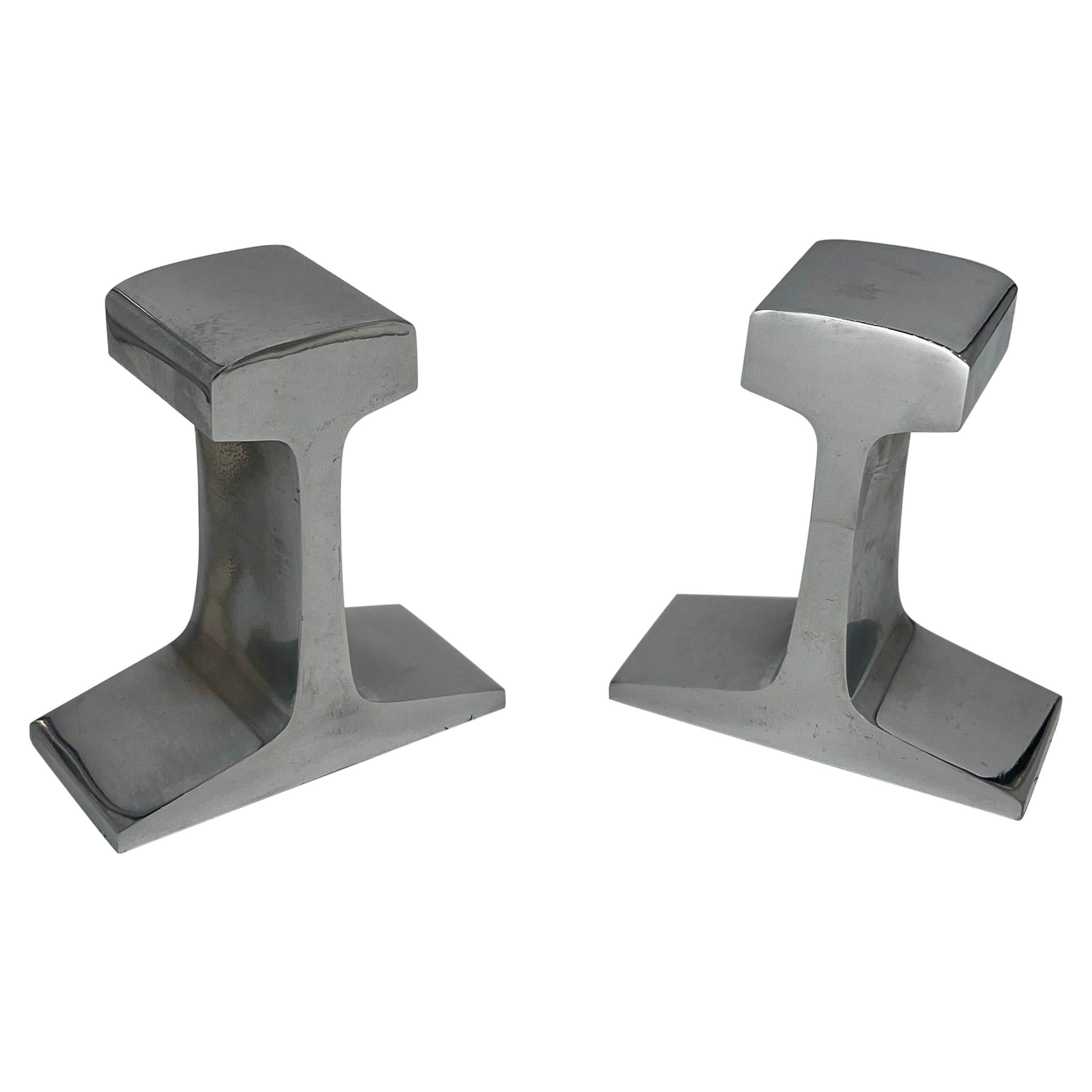 Pair, Modernist Chromed Steel Railroad Tie Bookends Circa 1980 For Sale