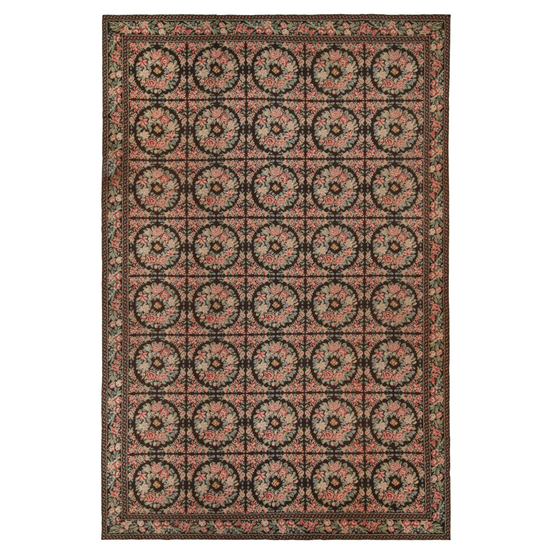 Antique Needlepoint rug in Brown with Botanical Florals, from Rug & Kilim