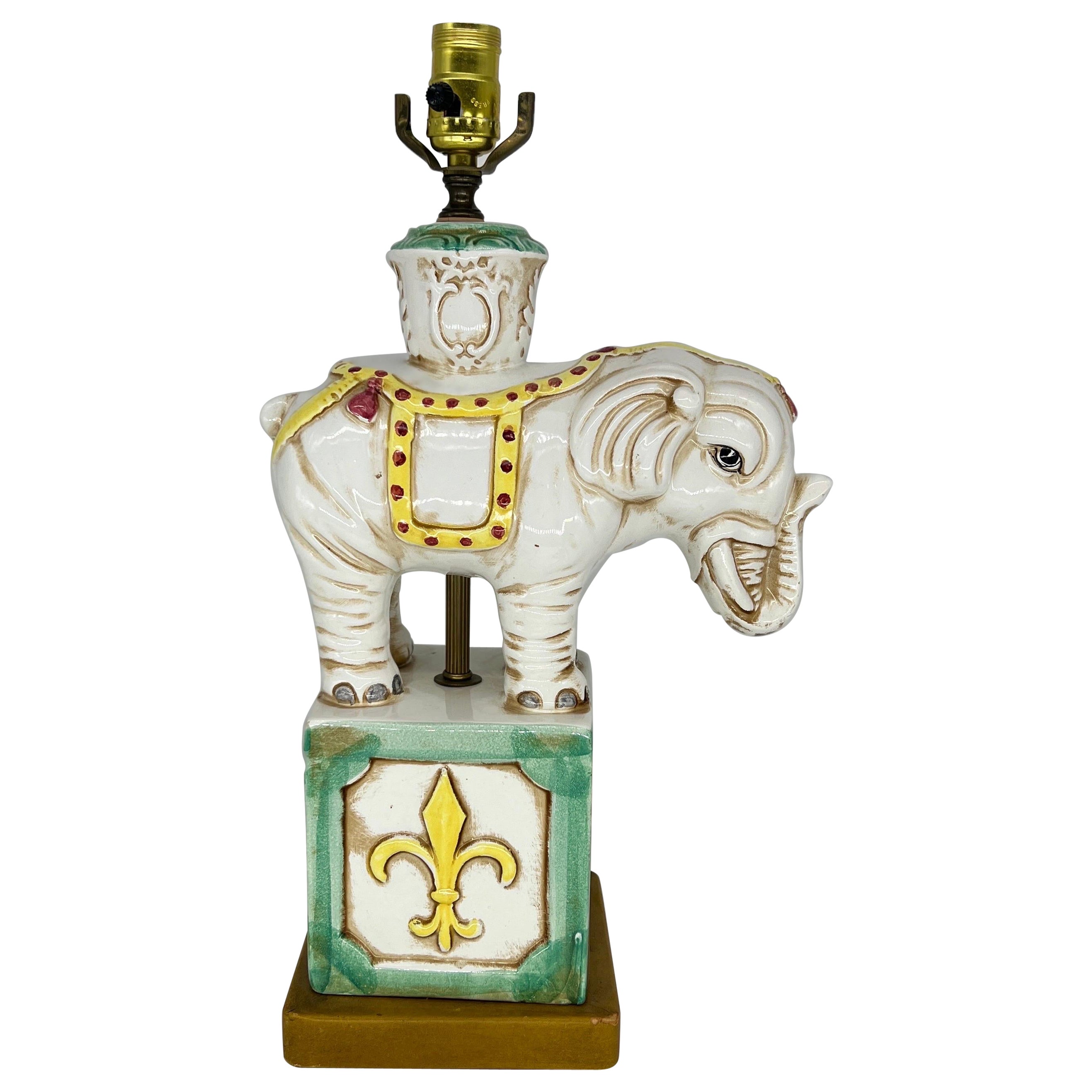 Mid Century Italian Ceramic & Leather Elephant Form Table Lamp For Sale