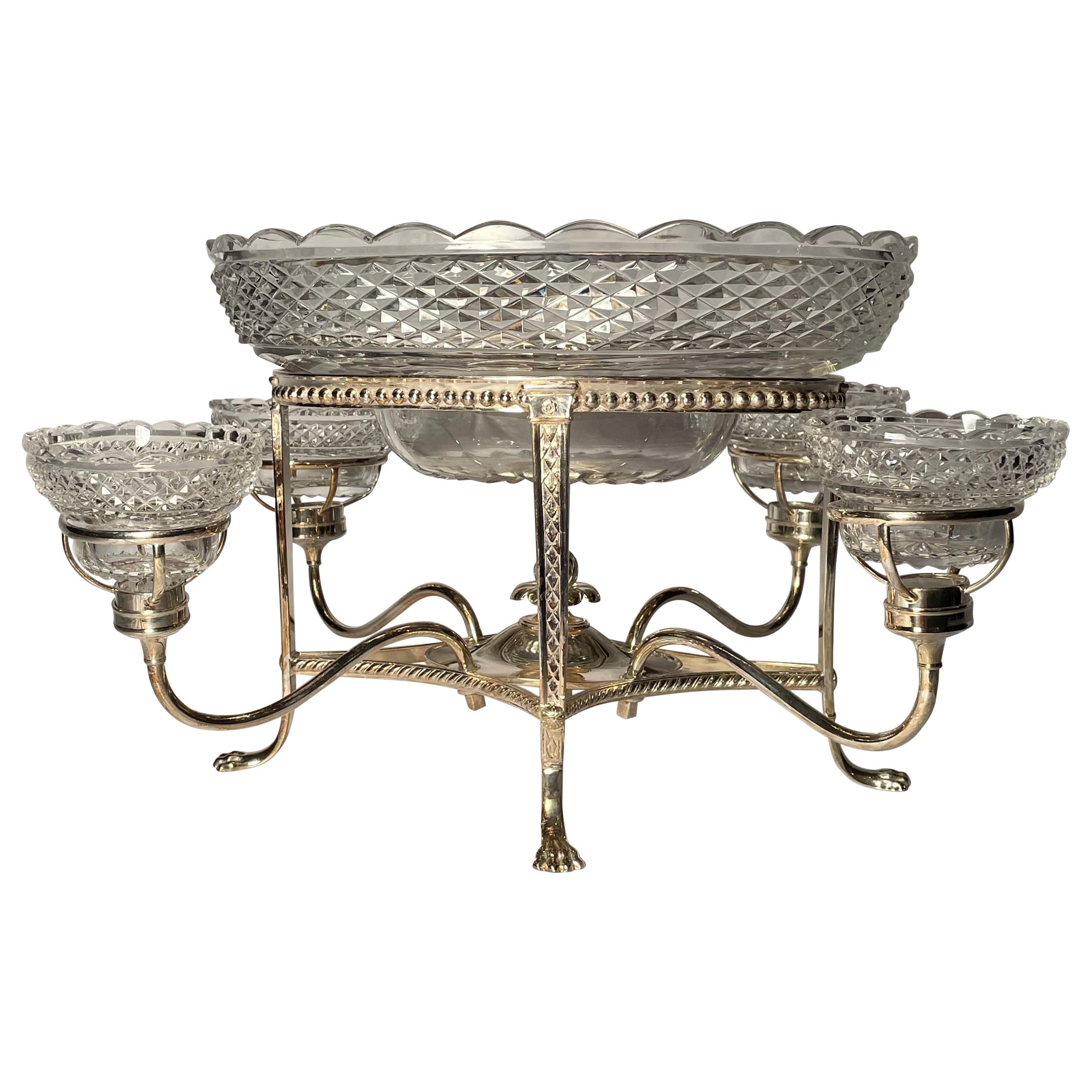 Centre de table anglais antique en métal argenté et cristal, vers 1890-1910